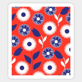 Whimsical pattern with white mums and blue tulips Sticker